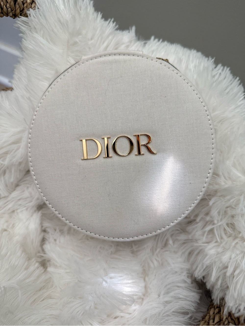 Dior Round Mini Cosmetic Case in Cream with Gold Logo